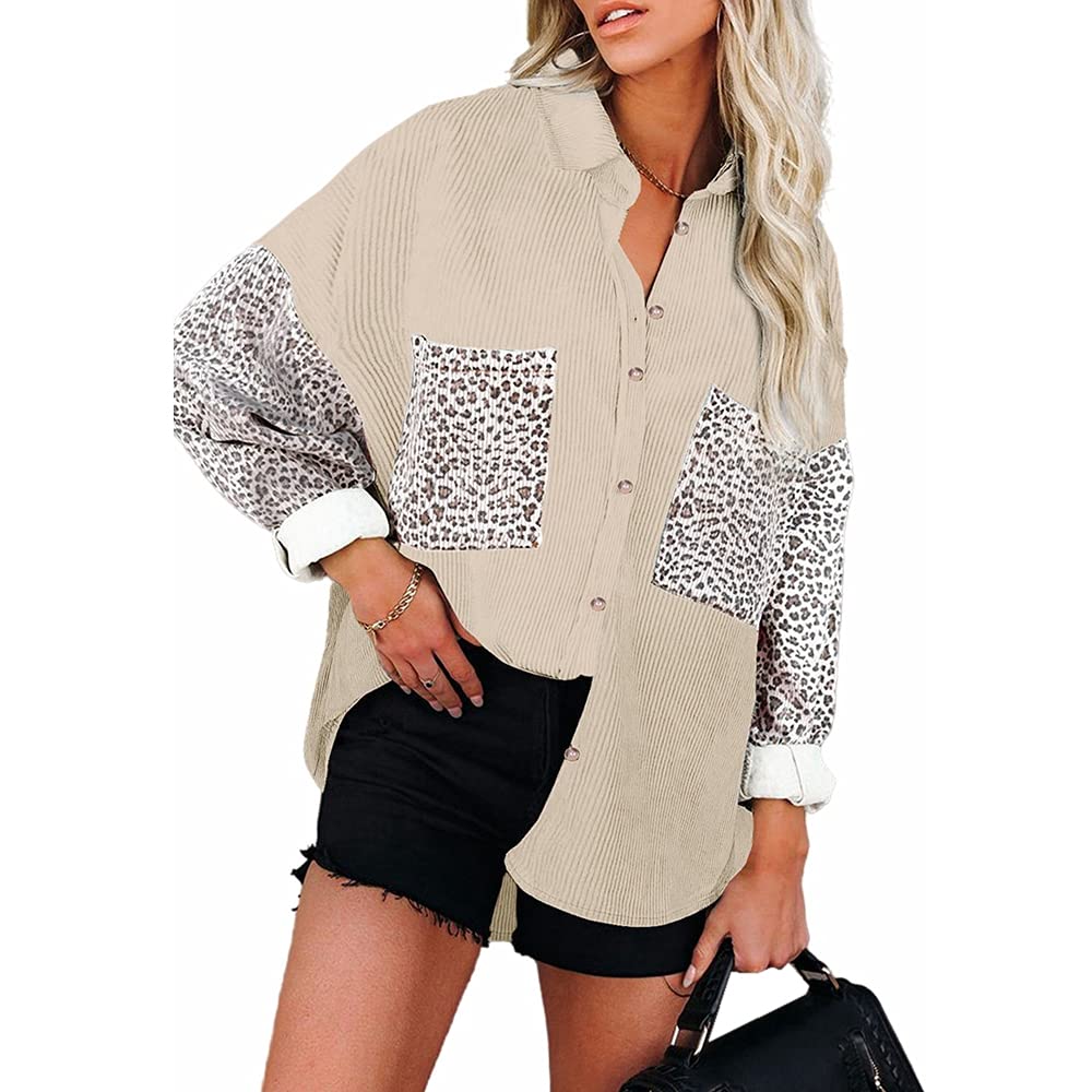 YOXUAWomen's Button Down Corduroy Shirts Long Sleeve Leopard Print Pocket Oversized Loose Tops Blouse