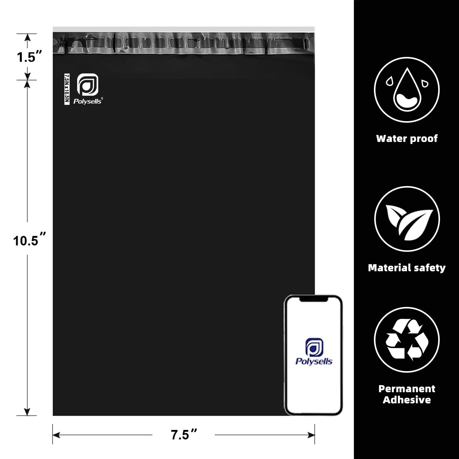 POLYSELLS - Sobres de envío de polietileno, sellado calcomanía fuerte, impermeable y resistente al desgarro para ropa, libros y accesorios (negro, 7.5 x 10.5 pulgadas, 100 unidades)