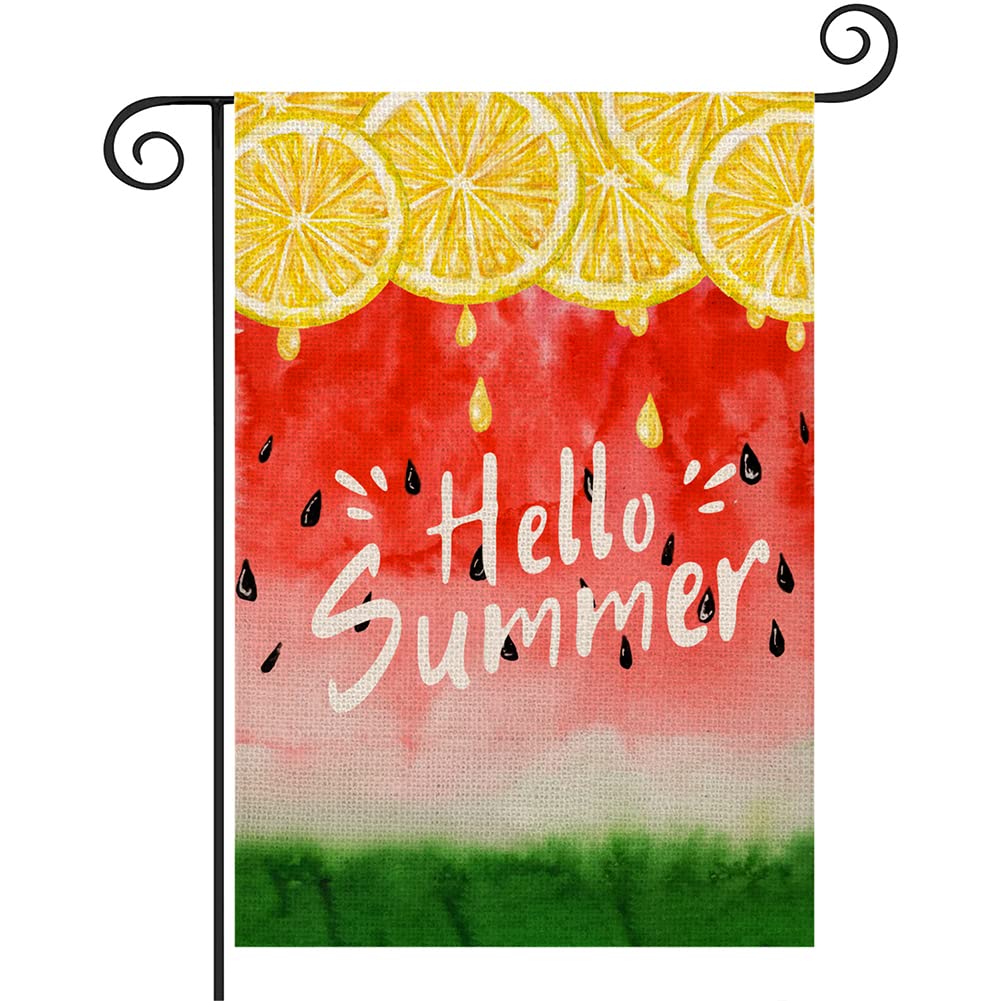 Yameeta Hello Summer Watermelon Garden Flag Double Sided 12.5x18 Inch Lemon Juice Summer Fruits Yellow Red Green Cool Small Yard Flag Holiday Party Outside Home Decorative Garden Banner
