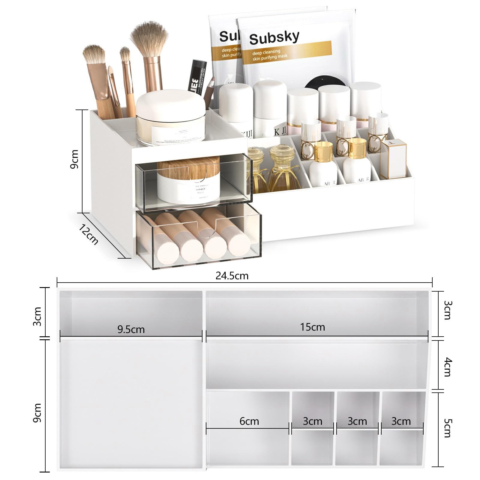Subsky Makeup Organiser Cosmetics Storage with Drawers, Skincare Organiser, Offices Multi-function Organizer, Sturdy Cosmetic Storage Box with Drawers, for Dresser, Bedroom, Bathroom, White — view 2