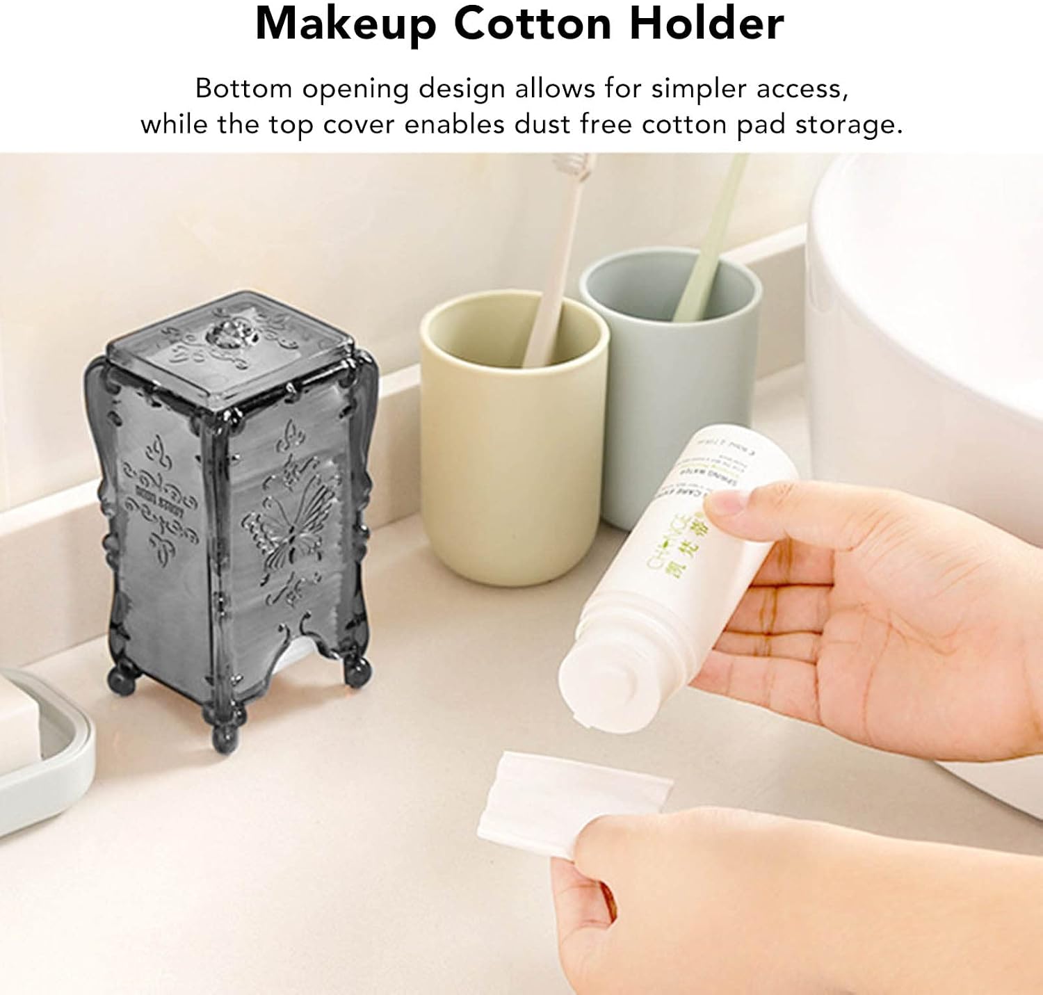 Agatige Cotton Pad Holder, Butterfly Rose Flower Cotton Pad Dispenser Cotton Pads Storage Box Makeup Remover Wipes Container with Cover for Home (Translucent Grey)