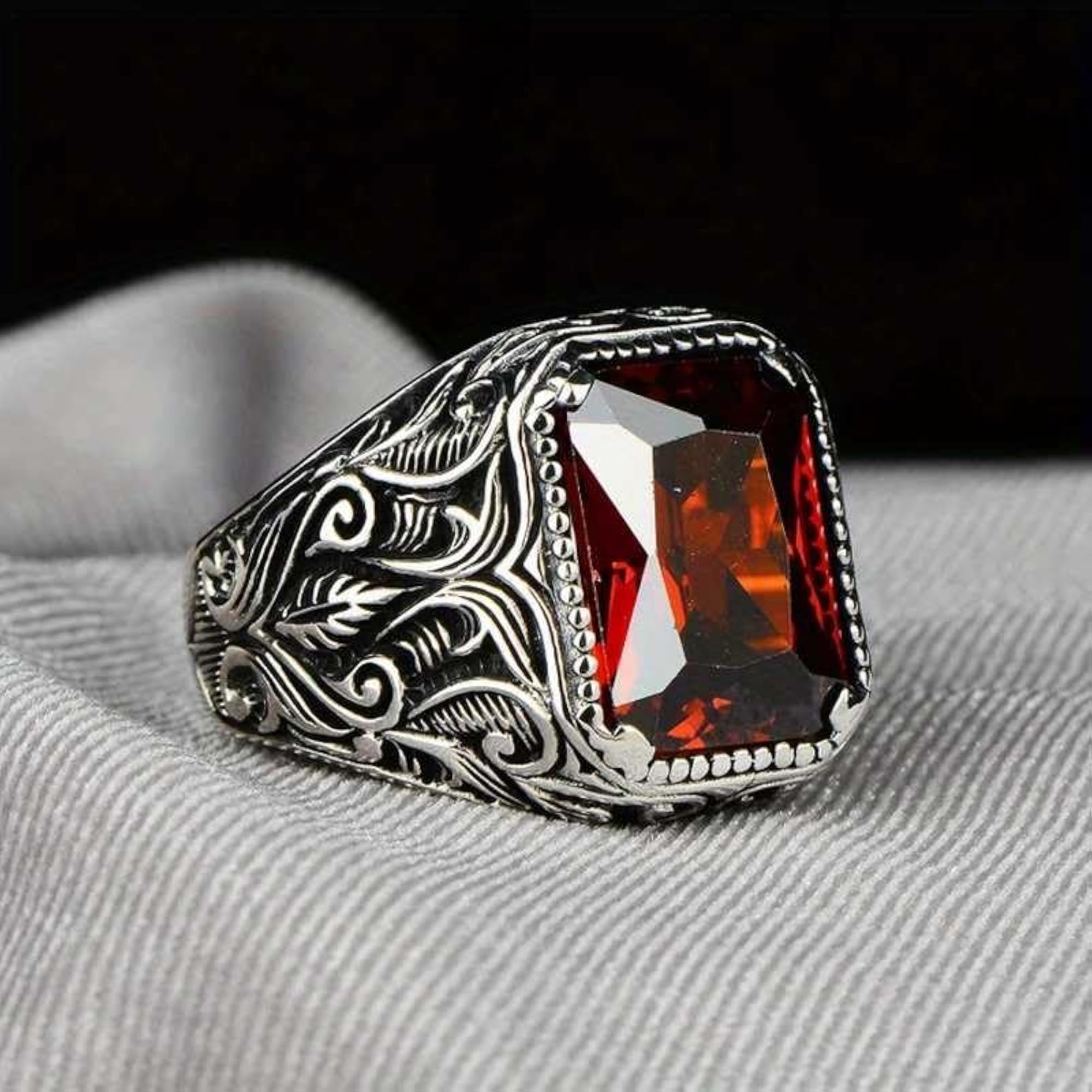 Men's Artificial Ruby & Clear Stone Silver Tone Statement Ring