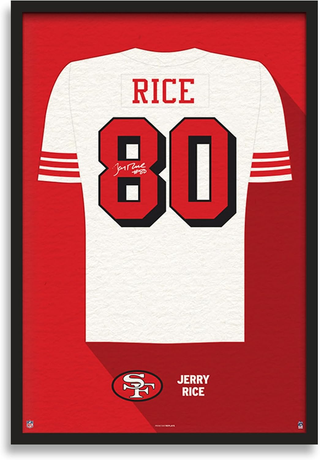 Sporticulture NFL American Football San Francisco 49ers - Jerry Rice Jersey Print Framed Wall Art Picture Poster for Boys Bedroom and Man Cave Decor - Ready to Hang, White 14"x 20", Small
