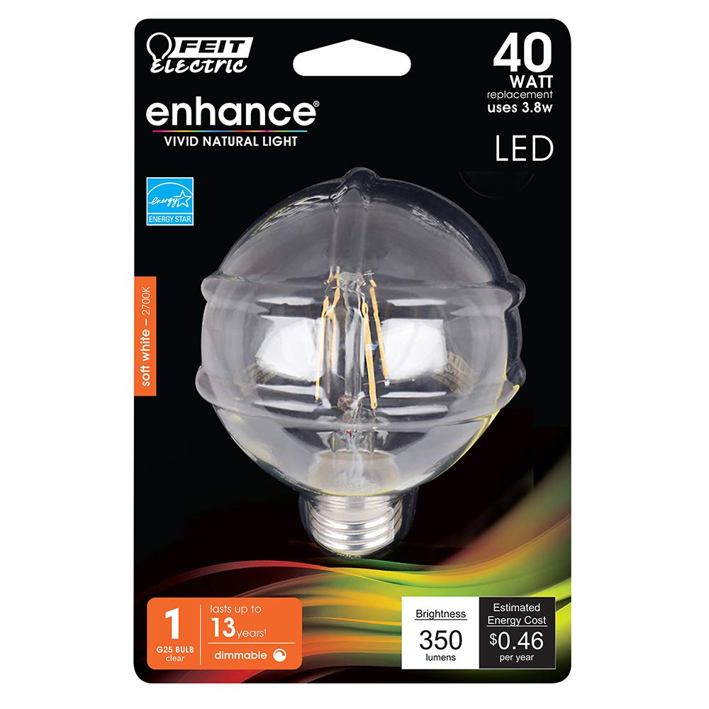 Feit Electric BPG2540/927CA/FIL/RP 40W Equivalent Dimmable 350 Lumens LED Globe Light Bulb, 4.5" H x 3.1" D, 2700K Soft White