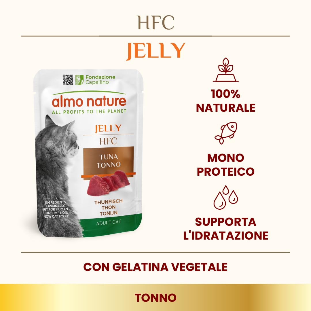 Almo Nature HFC Jelly - Alimento Umido per Gatti Adulti - Tonno - Human-Grade, Gluten-Free, Monoproteico - 55g (Confezione da 24)