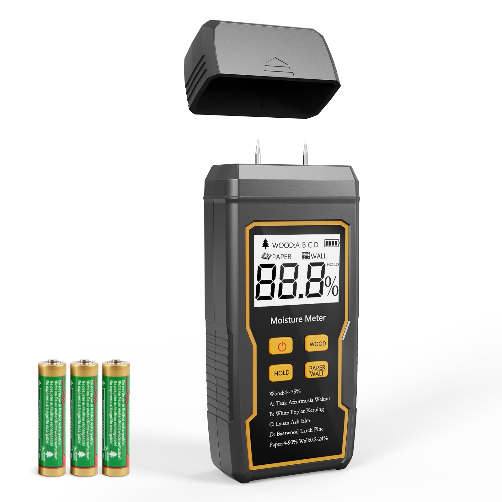 Medidor de humedad de madera, medidor de humedad de 2 pines para paneles de yeso, medidor de humedad para madera, pantalla LCD retroiluminada con audible y visual, para madera, pared, cartón, yeso
