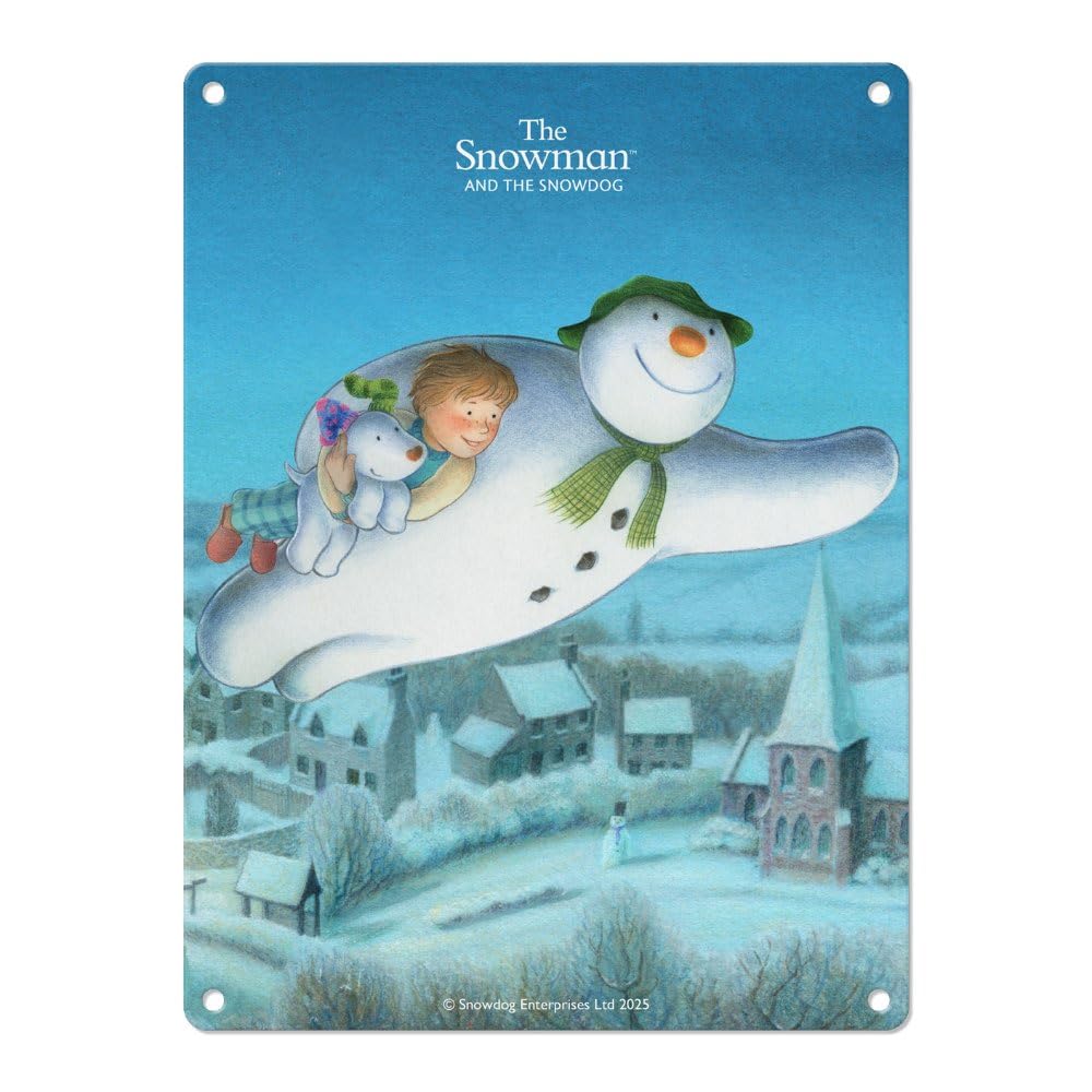 The Original Metal Sign Trio Flying Over Town Small (150 X 200Mm) Metal Sign - The Snowman And The Snowdog (Trio Flying Over Town)