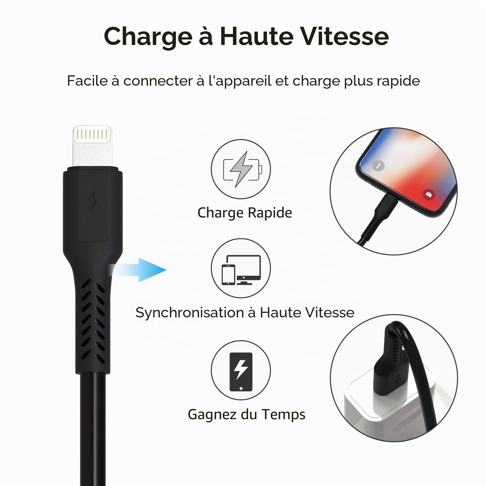 Câble iPhone Chargeur Court 20cm [Certifié MFi] Lot de 5 Câble Lightning vers USB 0.2m Charge Rapide pour iPhone 11, 11 Pro, X, XS, XR, 8, 8 Plus, 7, 7 Plus, 6s, 6s Plus, 6, 6 Plus - Noir