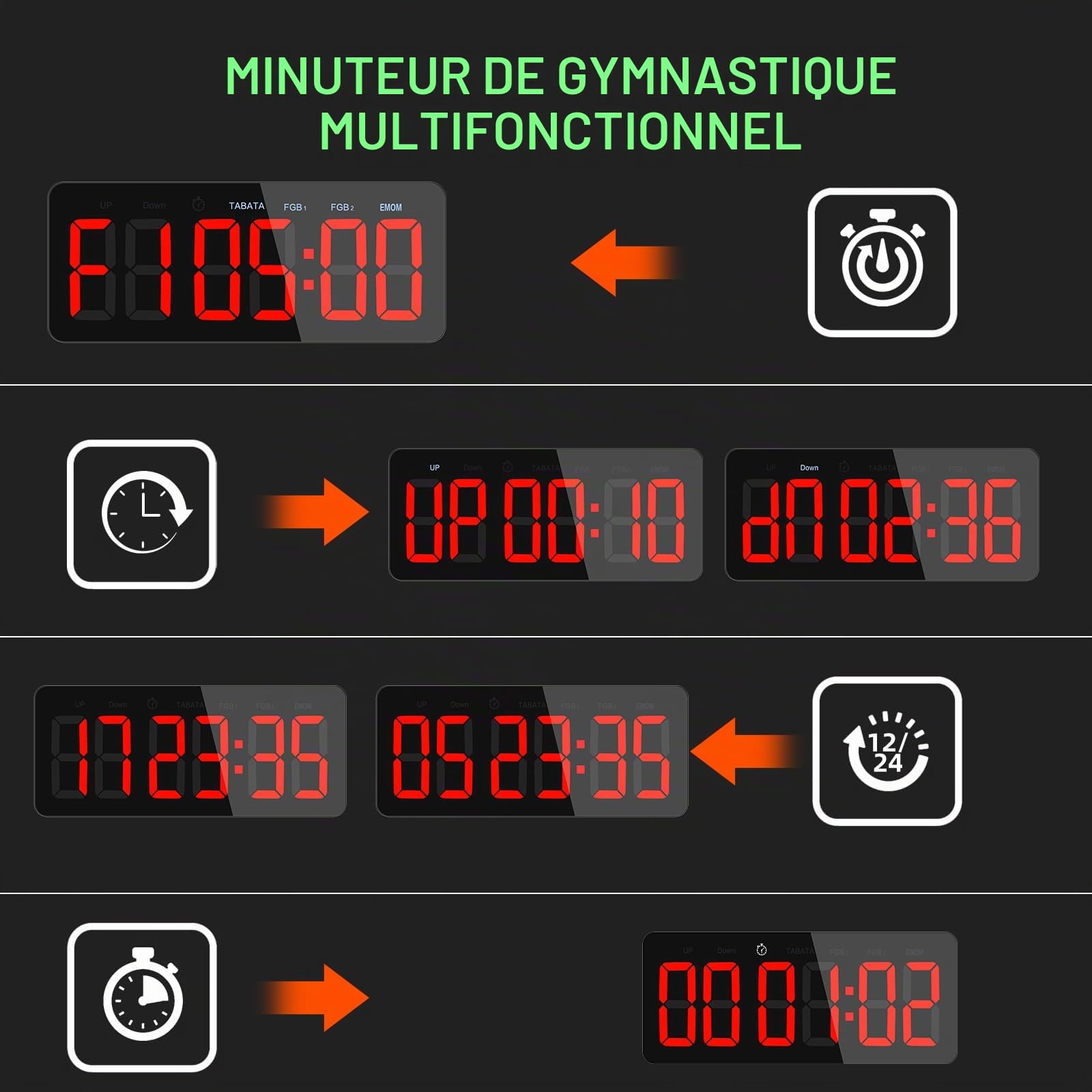 Timer Sport Fitness Grand Minuteur D'intervalle LED de Gym Chronomètre | Count Up, Count Down, Horloge, TABATA, HIIT