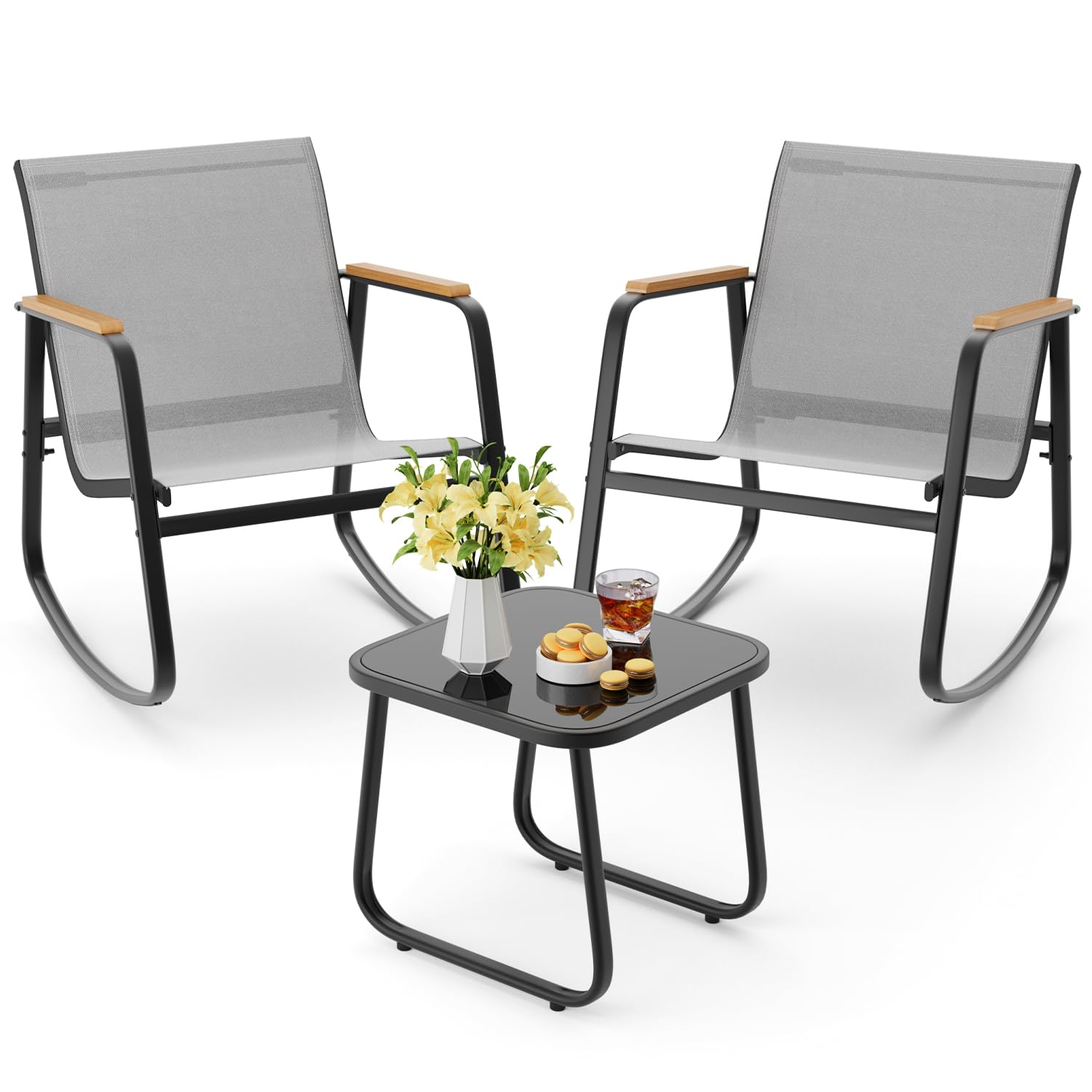 Aiho 3 Piece Patio Bistro Set, Textilene Outdoor Furniture Set with Patio Rocking Chairs with Wooden Armrests and Glass Table for for Lawn, Porch,