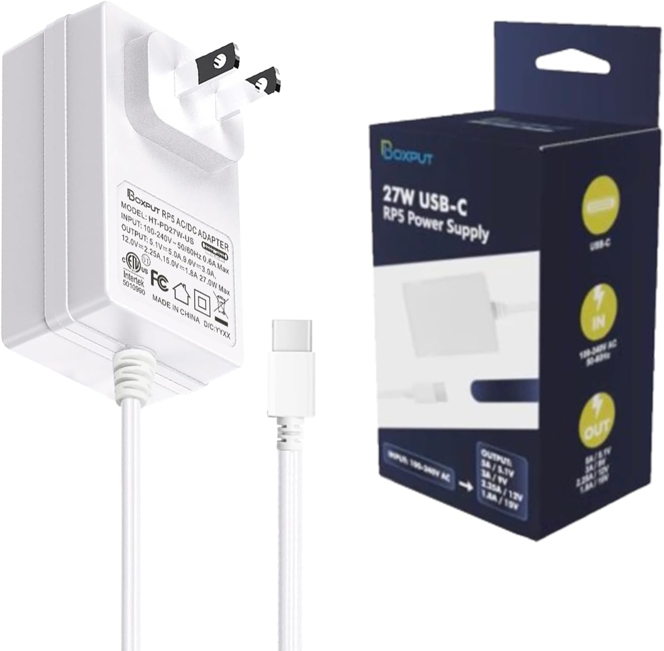 BOXPUT 27W Power Supply PD Adapter for Raspberry Pi 5 Power 5.1V 5A Type-C Power Supply for Raspberry Pi 5 8GB 4GB (White US Plug)