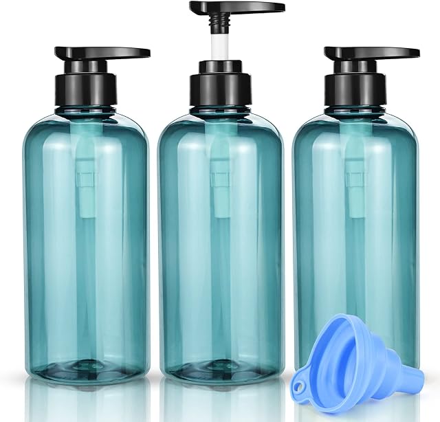 3 Pack 500ml/17oz Empty Shampoo Bottles Soap Dispenser Bottle Refillable Plastic Lotion Pump Bottles with Silicone Funnel & Labels Shampoo & Conditioner Blue Pump Bottle for Bathroom & Kitchen