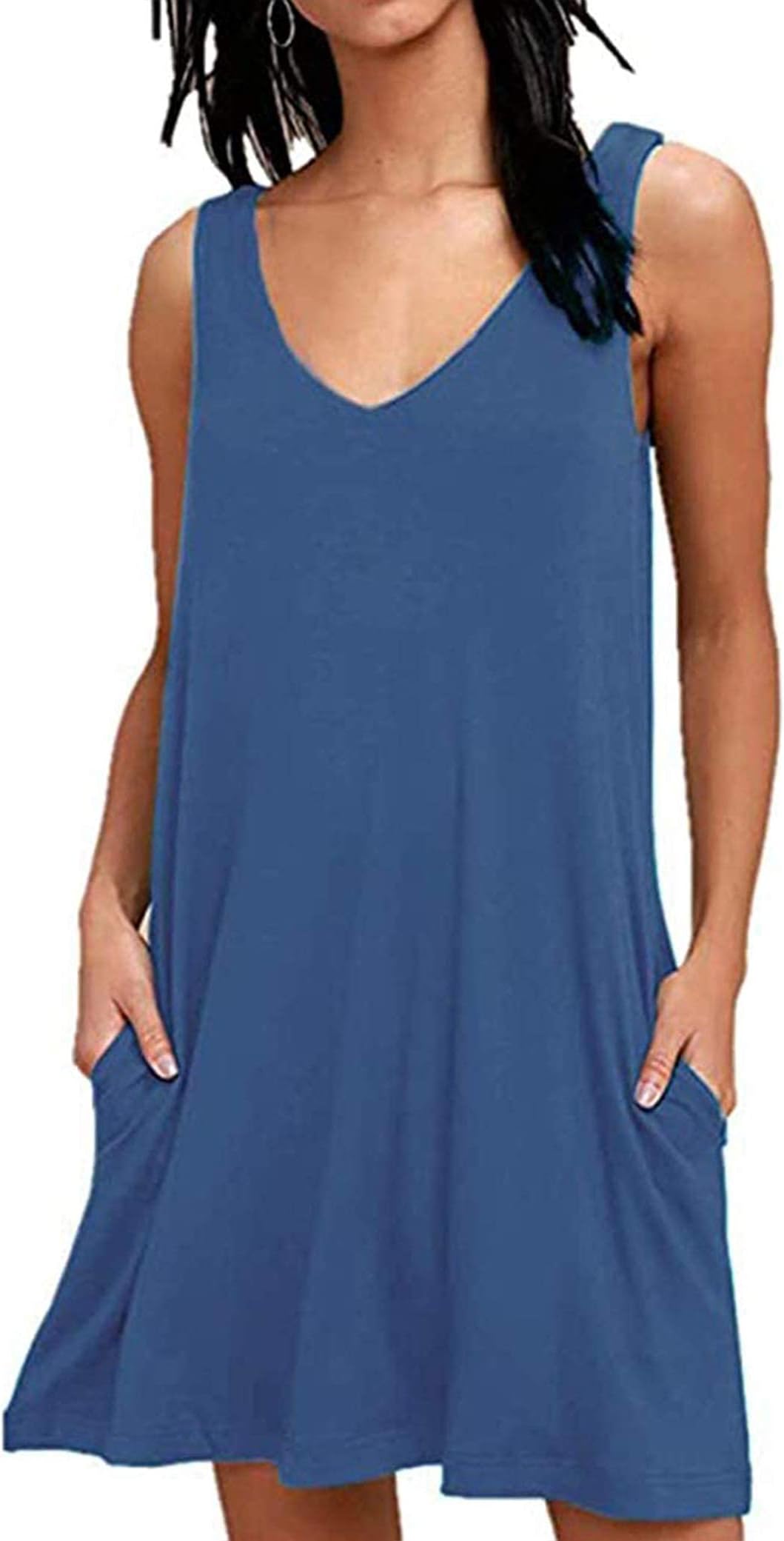 Women Summer Casual Sleeveless V-Neck Printed Swing T-Shirts Dress Sundress with Pockets