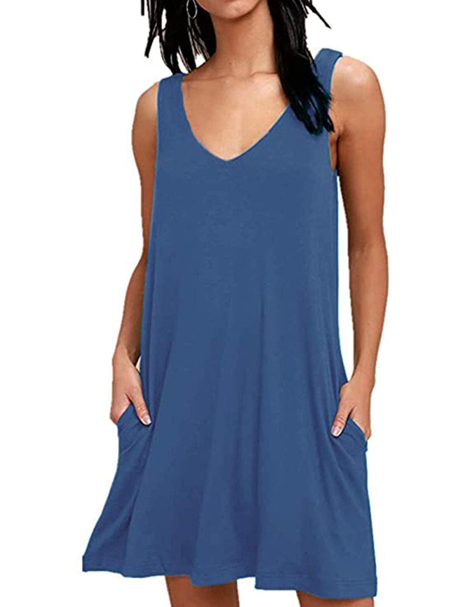 Women Summer Casual Sleeveless V-Neck Printed Swing T-Shirts Dress Sundress with Pockets