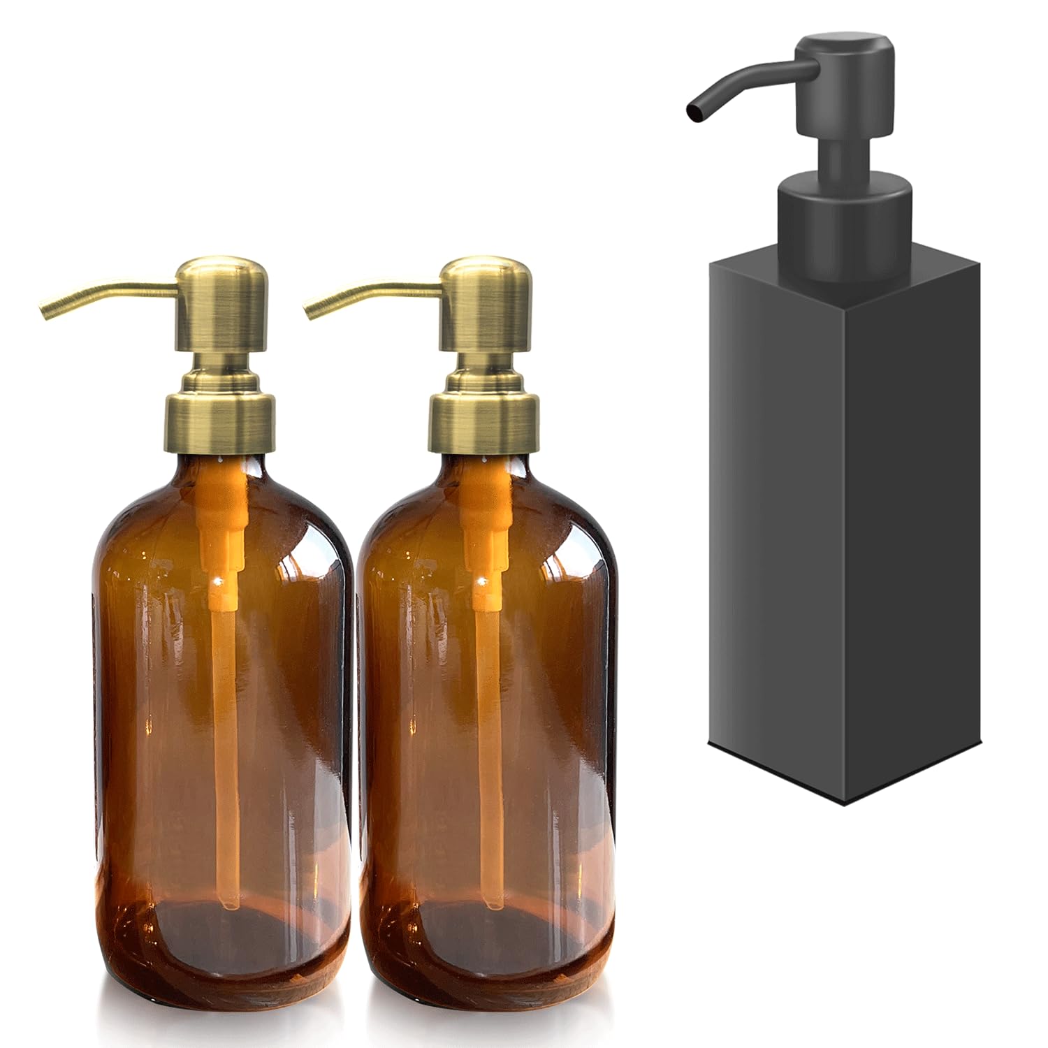 2 Pack Amber Glass Soap Dispenser with Gold Pump & Matte Black Stainless Steel Soap Dispenser Square