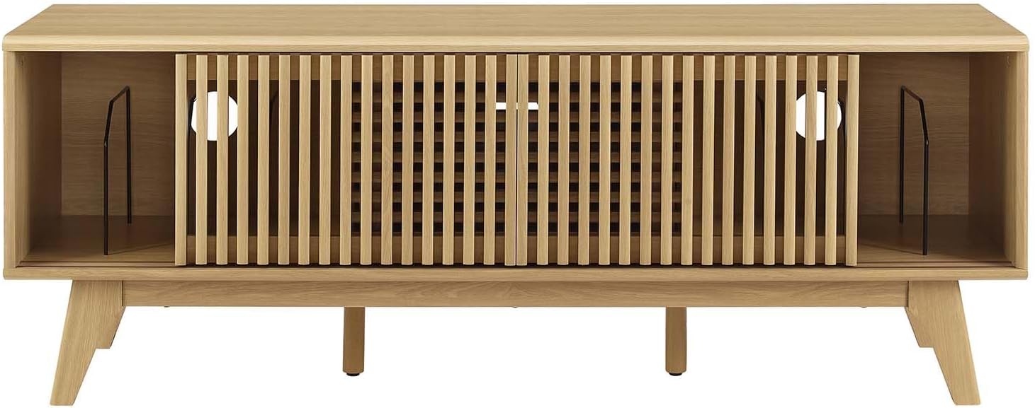 Oak 59" TV Stand with Slatted Sliding Doors