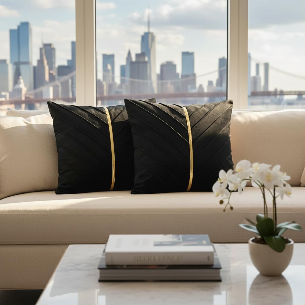 Tosleo Black Velvet Throw Pillow Covers 18 x18 inch Pack of 2 with Gold Leather Christmas Decorative Couch Pillow Cover Luxury Modern Pillowcases Spring Home Decor for Wedding Sofa Bed Living Room - Image 6