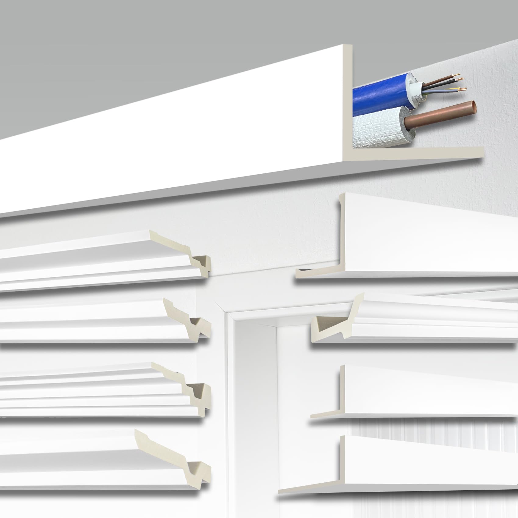 HEXIM Perfect 2 metri di striscia di copertura per tubi e cavi - grande selezione, (AB298-​90x160mm) - PU liscio, bianco, antiurto - striscia d'angolo striscia di stucco striscia di parete