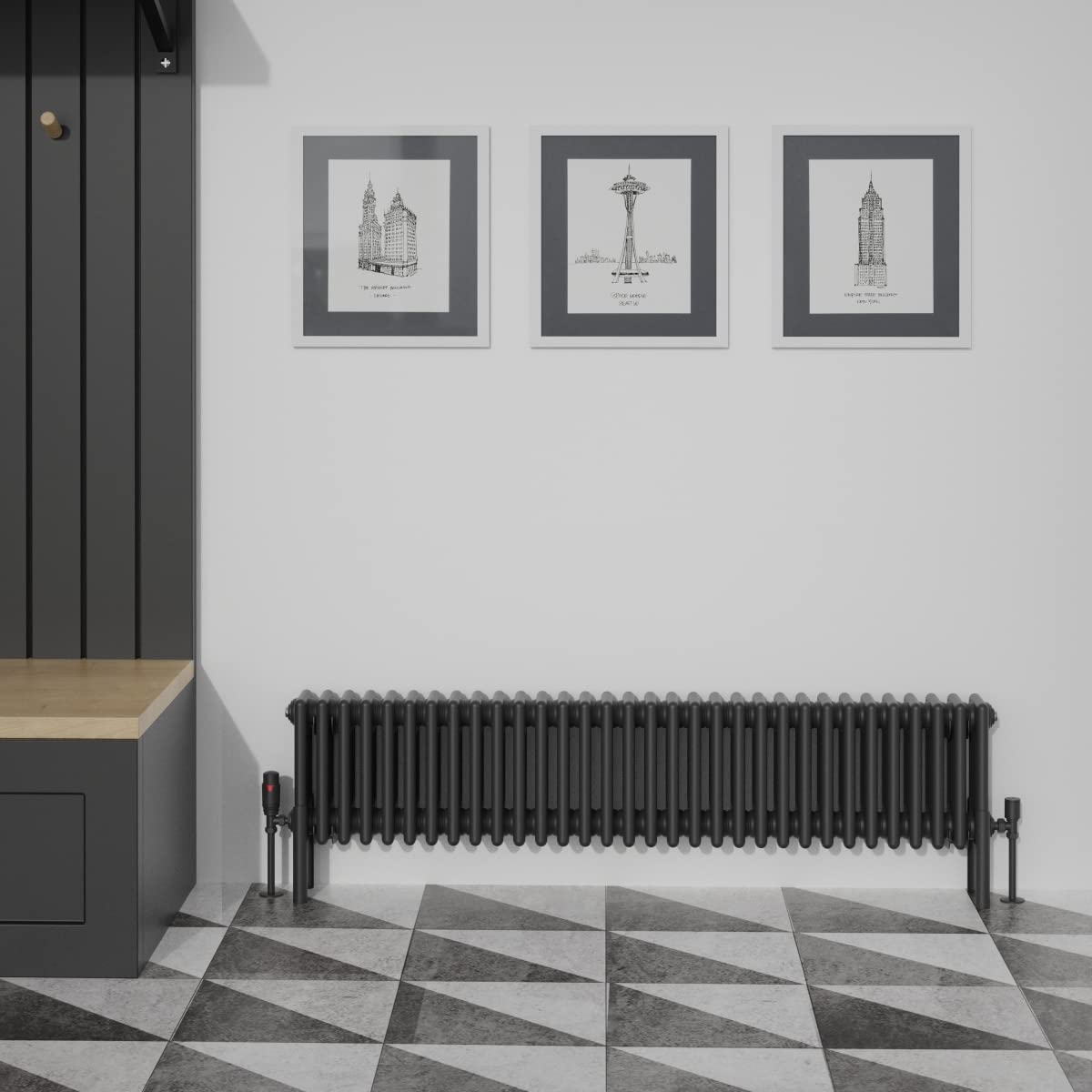 Warmehaus Traditional Cast Iron Style Black 4 Column Horizontal Radiator 300x1460mm Central Heating Space Saving Radiators