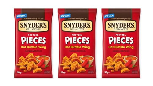 Snyder's Pretzel Pieces Hot Buffalo Wing Flavour – Crunchy Baked Snack, Bold & Spicy Pretzels, 110g Sharing Bag – 3 Pack