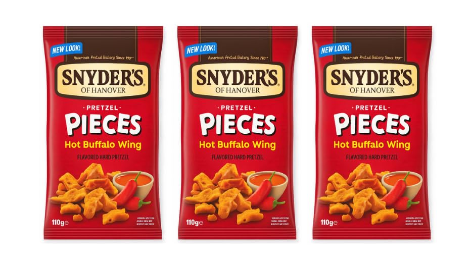 Snyders Pretzel Pieces Hot Buffalo Wing Flavour Crunchy Baked Snack Bold & Spicy Pretzels 110g Sharing Bag 3 Pack