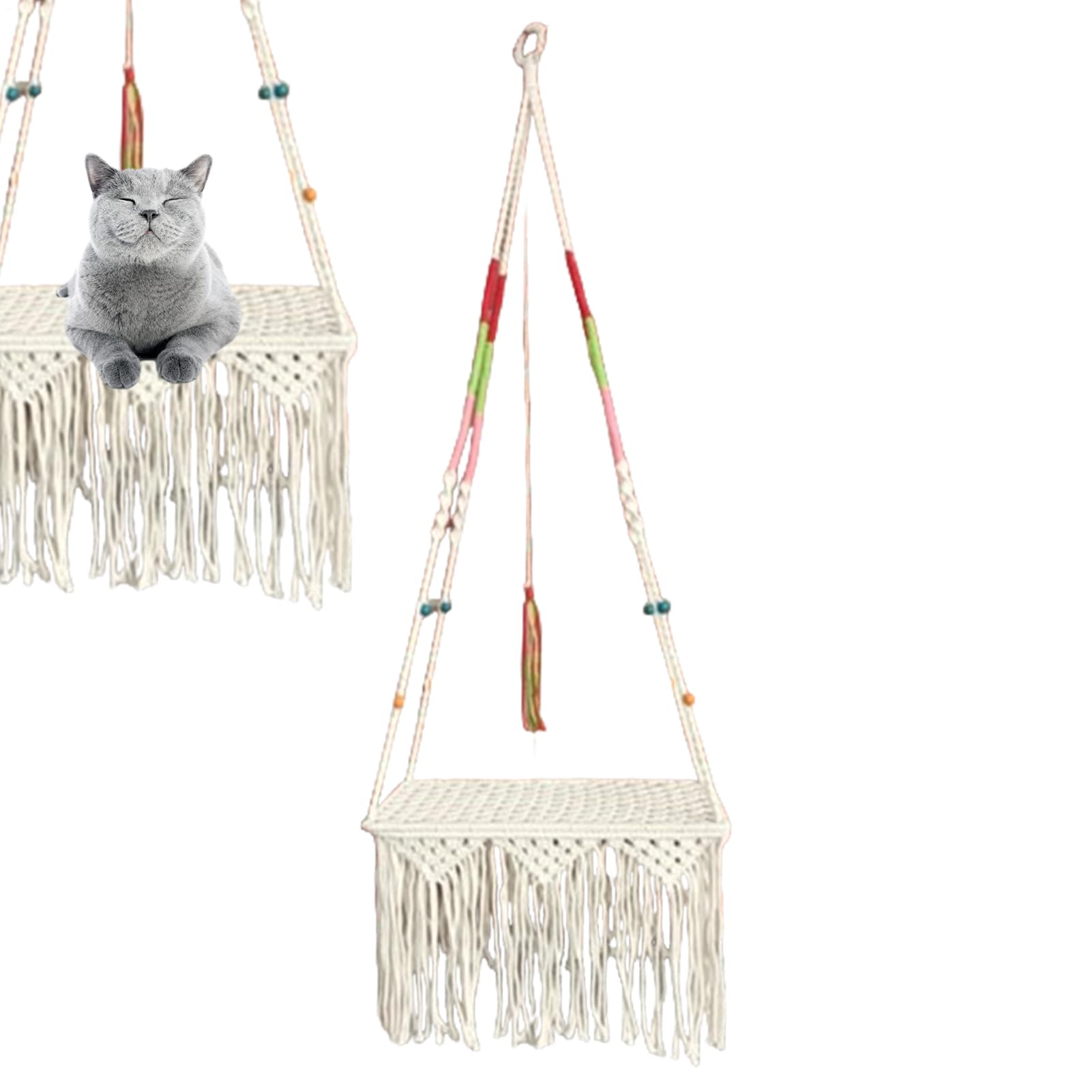 Makramee Katzenhängematte - Vielseitiges Baumwollseil mit handgewebten Quasten, wiederverwendbares Material, großer Hängekorb | Indoor Ruheplatz für Katzen von