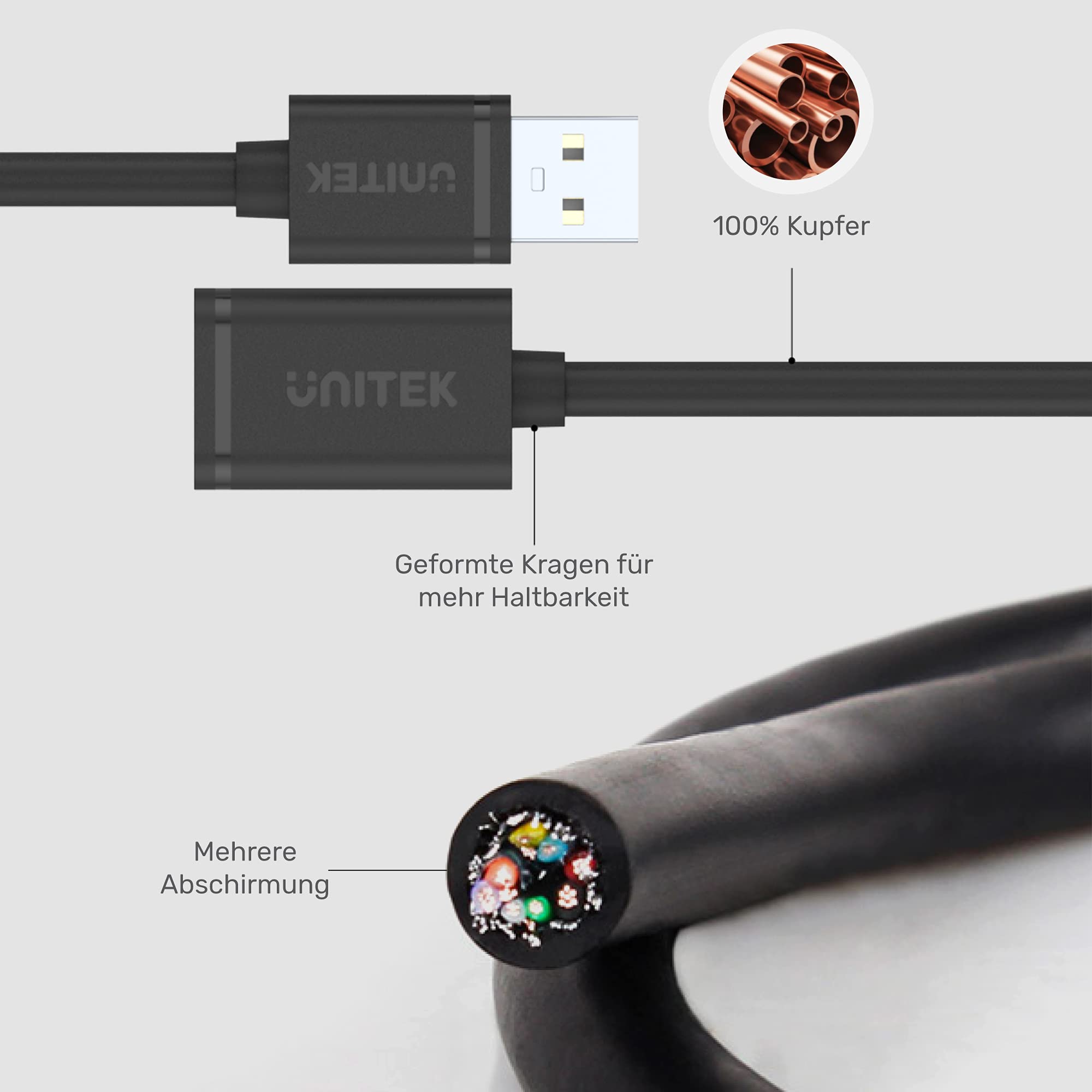 UNITEK Kablo USB 2.0 A fiş USB A soketi/uzatma kablosu / 1,5 metre, siyah/yazıcı, klavye, kart okuyucu vs. için uzatma/Y-C449GBK
