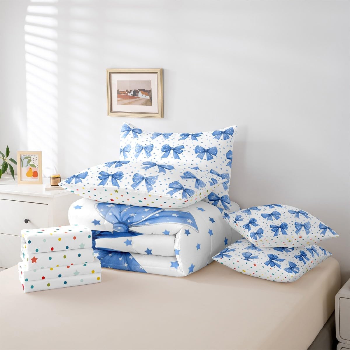 Erosebridal Princess Blue Bow Queen Comforter Set 7 Piece for Girls Kids Teens Adults Cute Star Bedding Set Cartoon Bowknot Bed in A Bag with Sheets Coquette Dreamy Style Bed Set Room Decor - Image 7