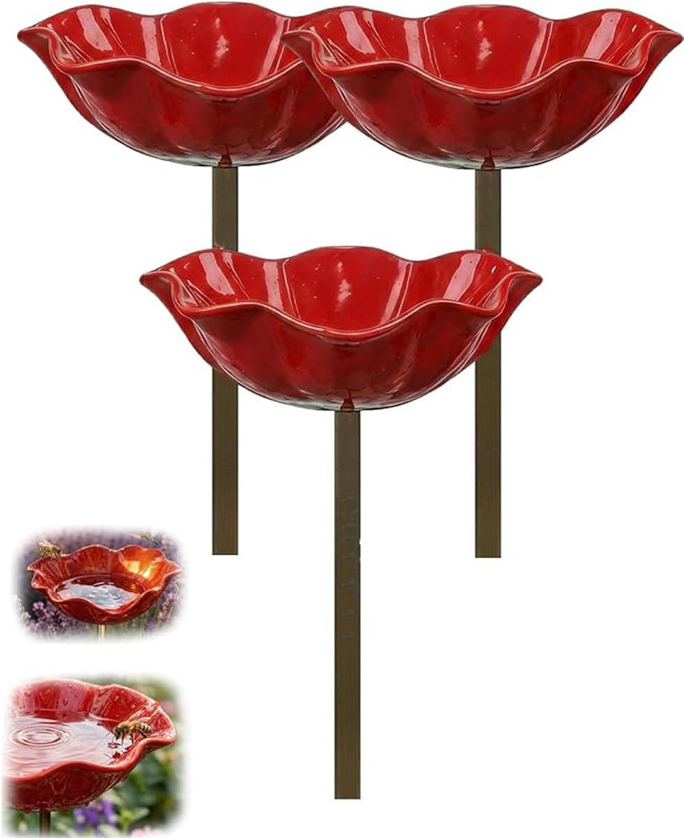 Handmade Metal Flowers Garden Stake Outdoor Bird Baths – Bee Watering Station for Garden, Colorful Butterfly Bee Bath Bowl, Weather-Resistant, for Yard Lawn Patio Landscape Decor (3 Pcs)