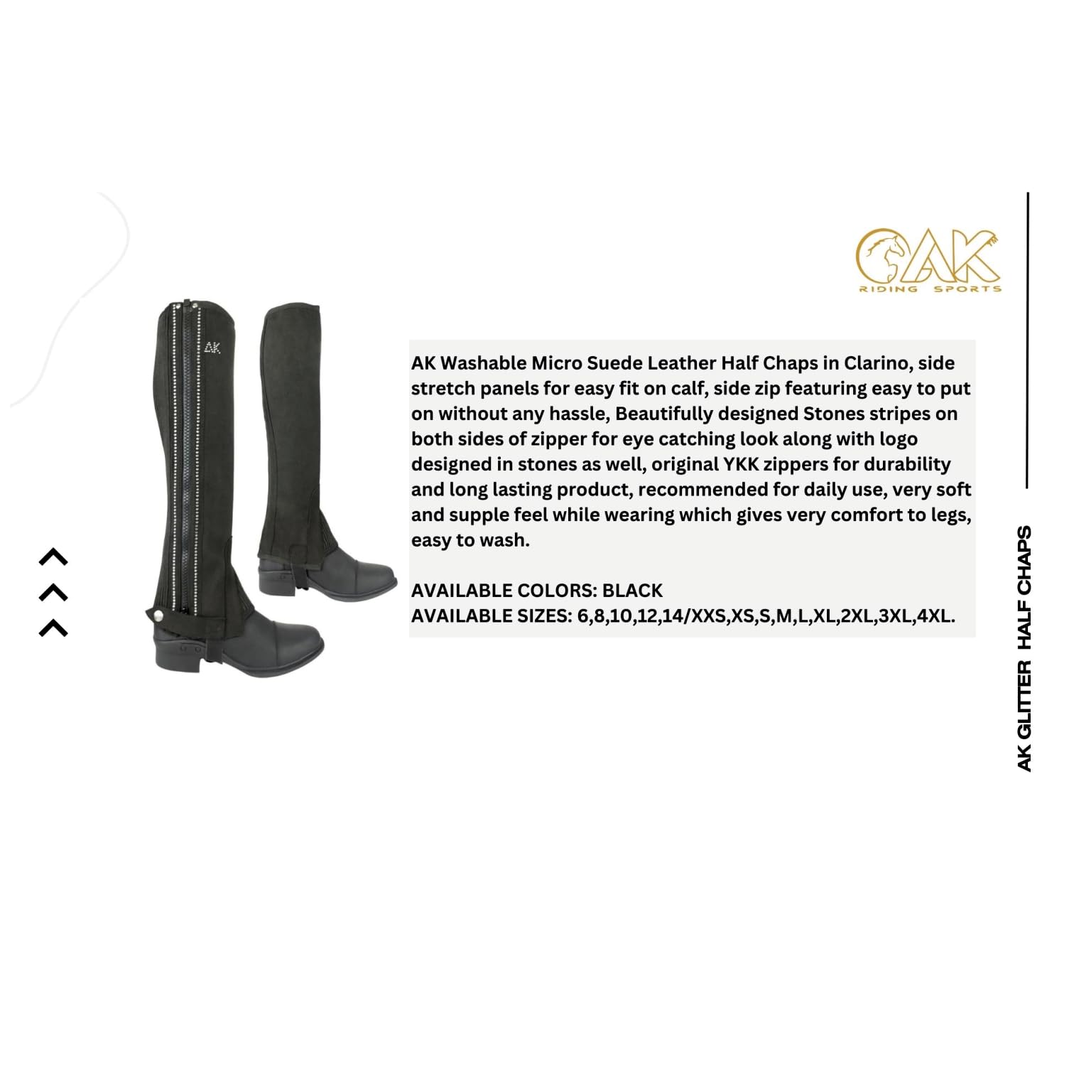 AK Mini-Chaps d'équitation en Cuir suédé Lavable avec rangées de Cristaux Horse Riding Half Chaps AKRS-1890
