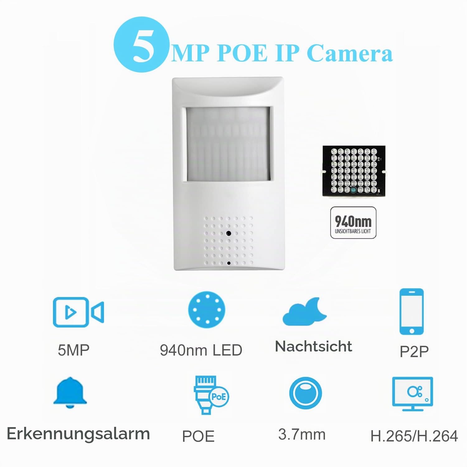 5MP PIR POE IP Kamera,Indoor Überwachungskamera P2P 3.7mm Objektiv 940nm unsichtbar 48 LEDs IR Nachtsicht CCTV Kamera H.265 (IPIR-P-HS Weiß)