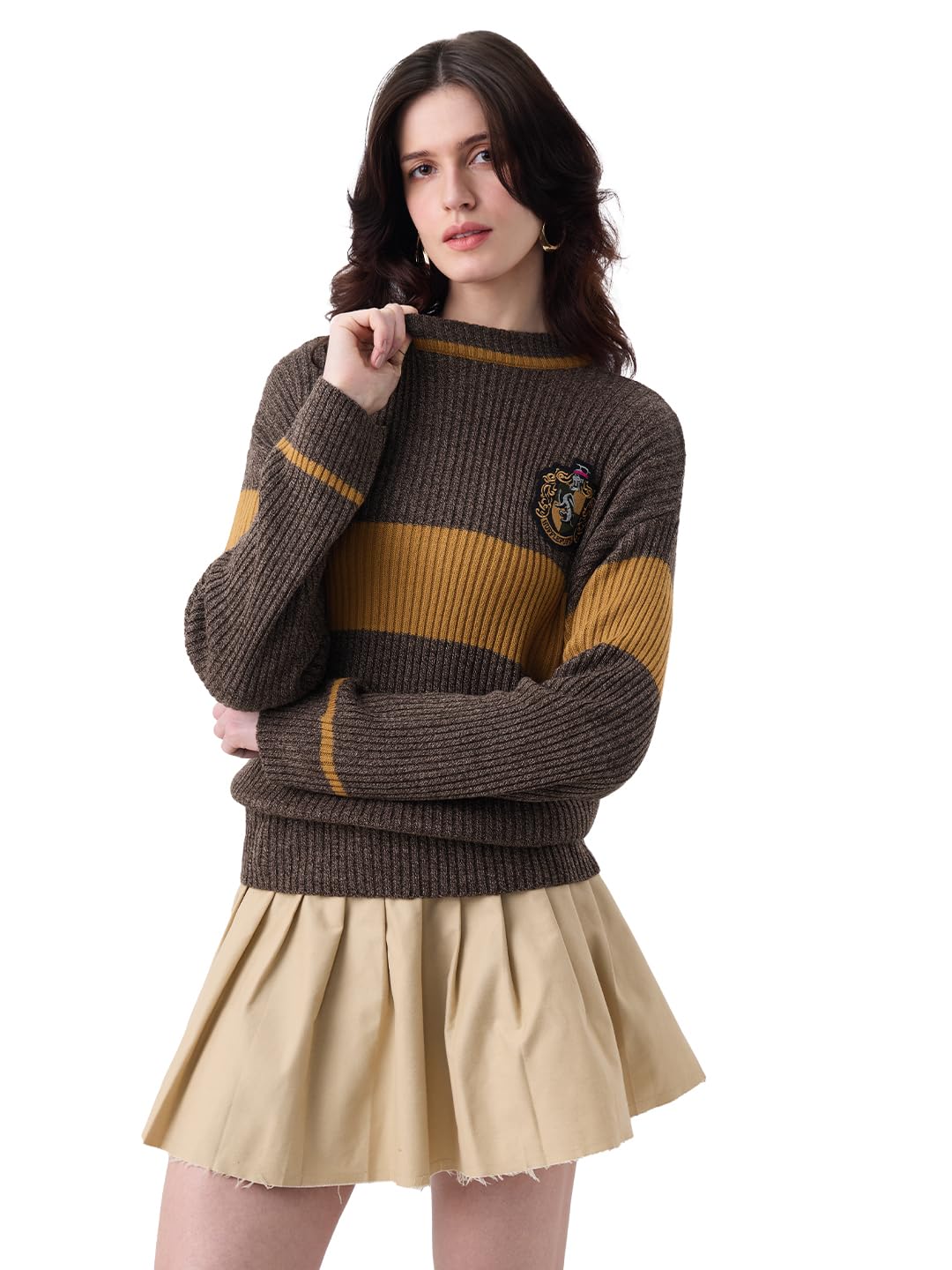the souled store Harry Potter: The Kind Kin Women and Girls Full Sleeves Round Neck Brown Typography Printed Acrylic Oversized Fit Ribbed Texture Pullover Sweater-picture-21