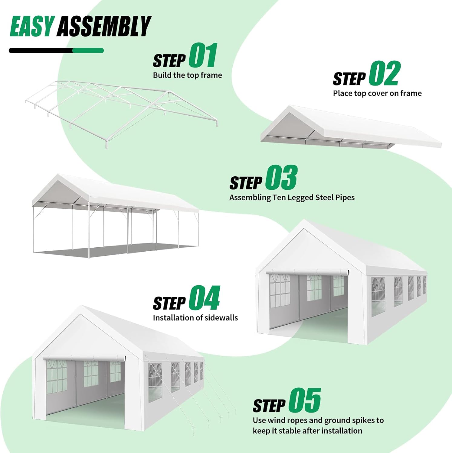 Step-by-step assembly guide for the carport, showing five stages from frame construction to anchoring