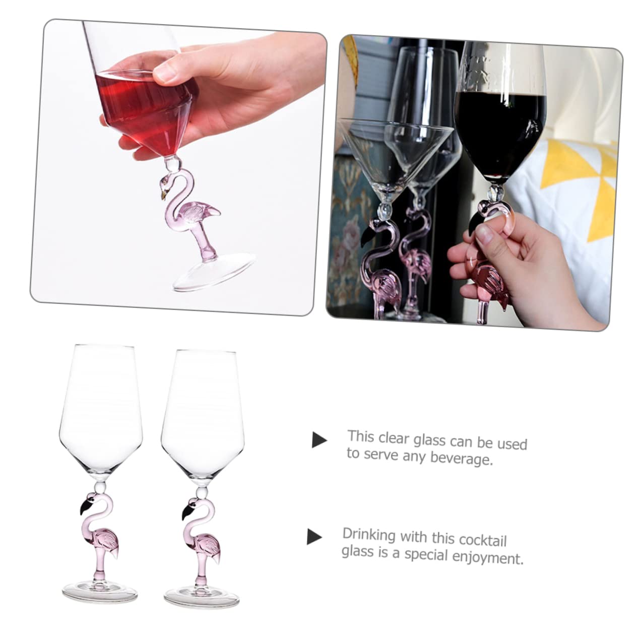 PRETYZOOM 2 Copas de Vino de Vidrio, 330ml, Diseño de Flamenco Rosa, Resistentes al Desgaste, para Fiestas y Bares