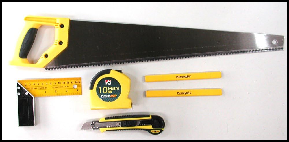Picardy Saw Tool Set 550Mm Hand Saw 10M Metre Tape Measure 18Mm Snap Blade Craft Knife Set Square Carpenters Pencils