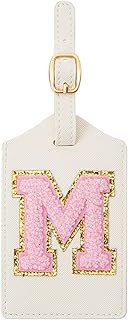 Initial Luggage Tag, PU Leather Luggage Tag, Embroidered Luggage Tag, Letter Luggage Tag, Monogrammed Luggage Tag, Luggage Tag for Baggage Bag Suitcase (M, White Leather+Pink Letter)