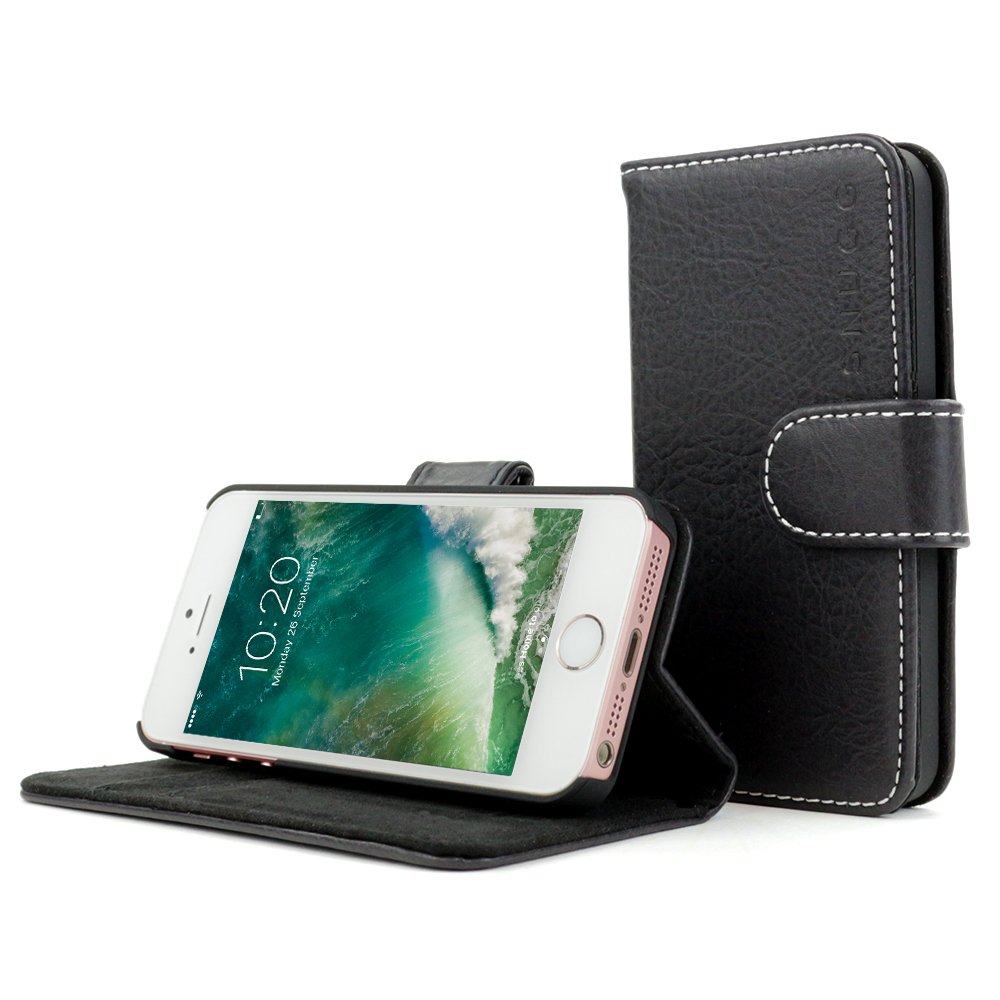 Snugg iPhone SE Wallet Case – Leather Card Case Wallet with Handy Stand Feature – Legacy Series Flip Phone Case Cover in Blackest Black