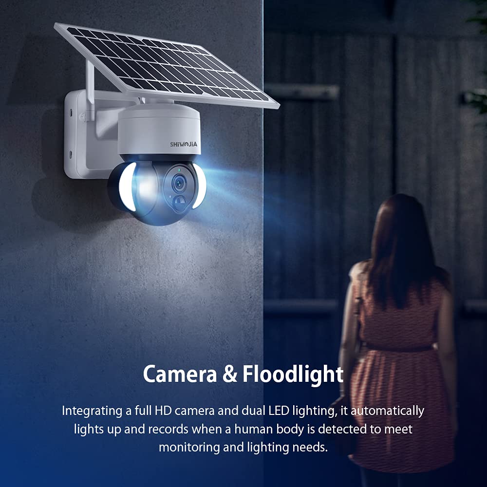 SHIWOJIA Camera Tuya Exterieur, Camera Solaire Exterieur WiFi sans Fil, 3MP Camera Smart Life, 360° PTZ, Vision Nocturne Couleur, Audio Bidirectionnel, PIR Sirène