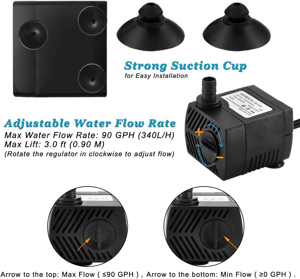DOMICA 90 GPH Mini Submersible Pump, Small Fountain Pump (5W 350L/H) for Water Feature, Aquariums, Fish Tank, Tabletop Fountain, Pet Fountain, Indoor or Outdoor Pond Fountain : Pet Supplies