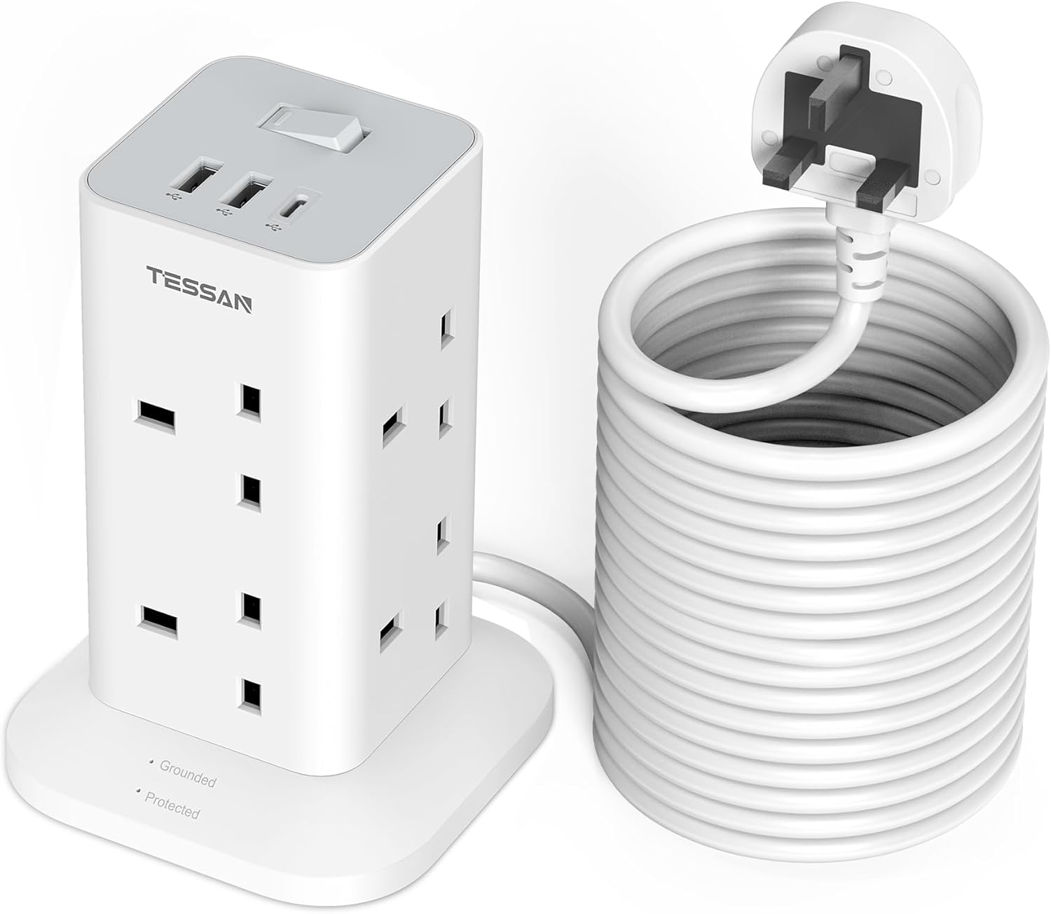 Tower Extension Lead 10M with USB C Slots, TESSAN 8 Way Multi Plug Extension Socket Tower, Surge Protected Power Strip with Switch, Long Extension Cable Plug Tower for Home, Office, School Supplies Tower Extension Lead 10M with USB C Slots, TESSAN 8 Way Multi Plug Extension Socket Tower, Surge Protected Power Strip with Switch, Long Extension Cable Plug Tower for Home, Office, School Supplies