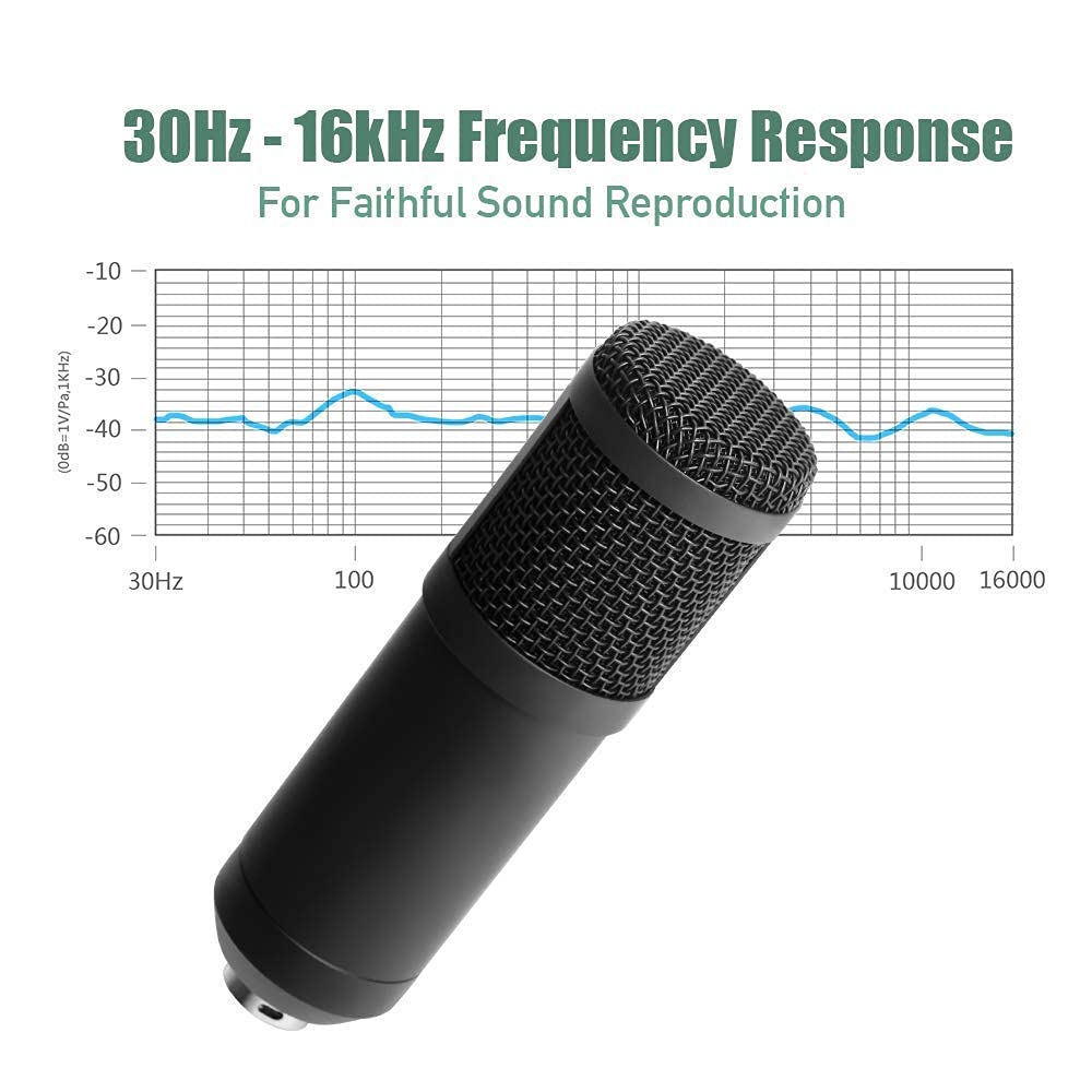 Kit microfono professionale da studio con condensatore cardioide, scheda audio, braccio snodato, supporto antivibrazione e filtro per streaming, podcast e PC, ideale per karaoke, gaming e registrazi
