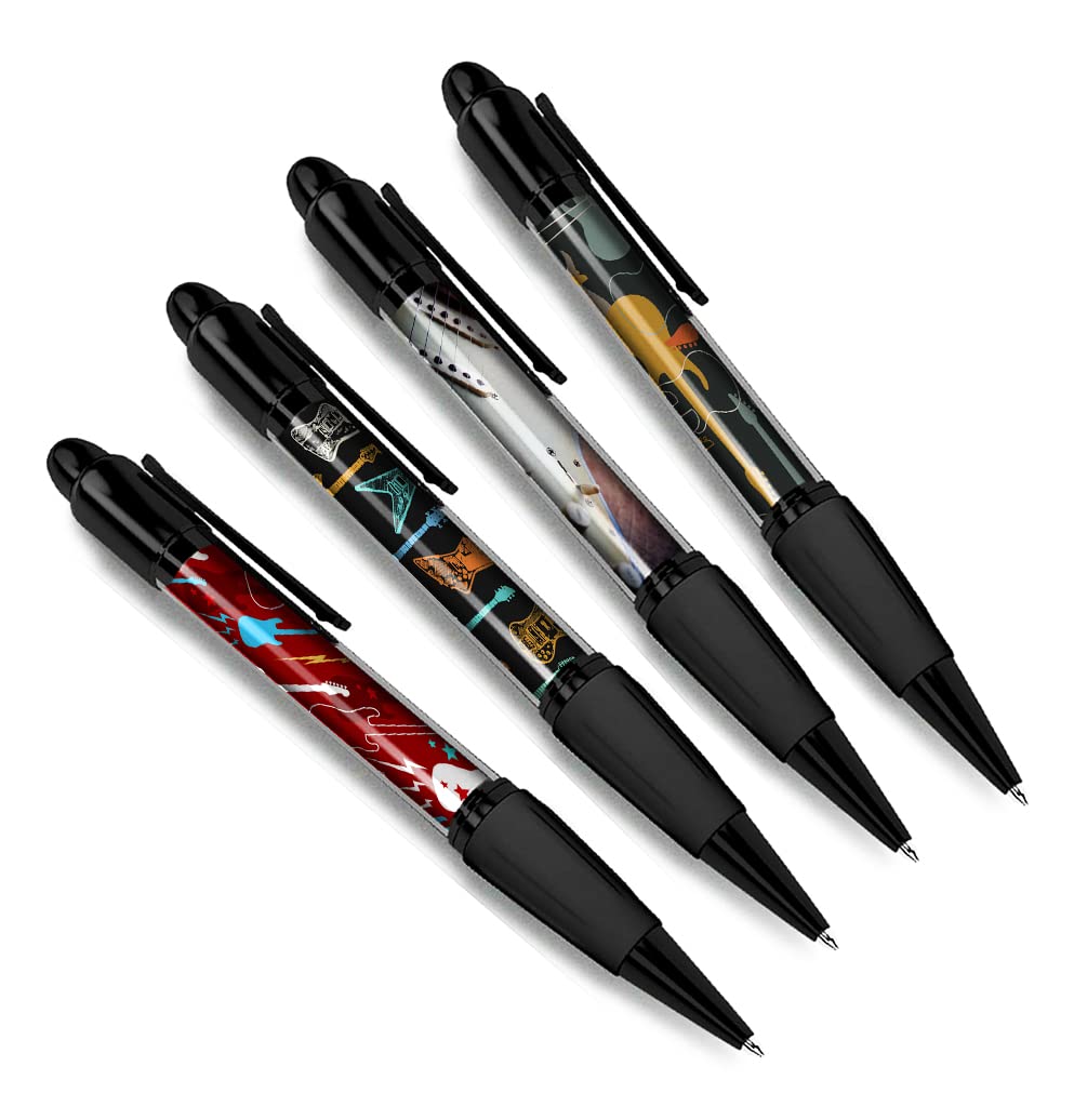 DV DESIGN Set of 4 Electric Guitar Black Ballpoint Pens - Music Rock Pattern Musician Theme Gift