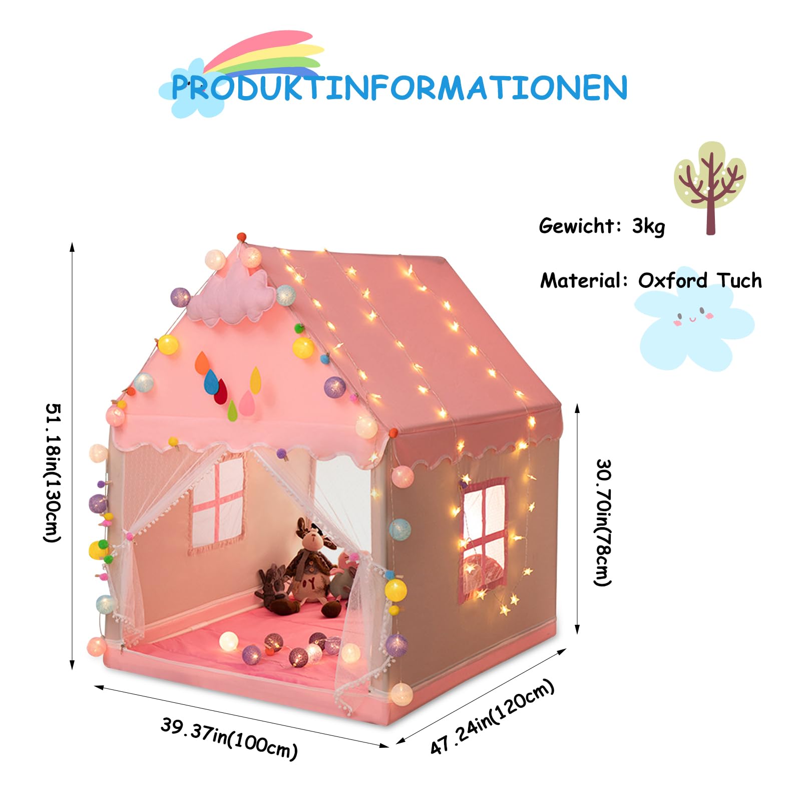 Ergocar Tipi Zelt für Kinder, Kinderzelt für Drinnen Mädchen, Draußen Spielzelt für Jungs, Prinzessin Prinz Traumschloss mit Farbige Kugeln & Sternlichter, Zelt Kinderzimmer Geburtstag Geschenk