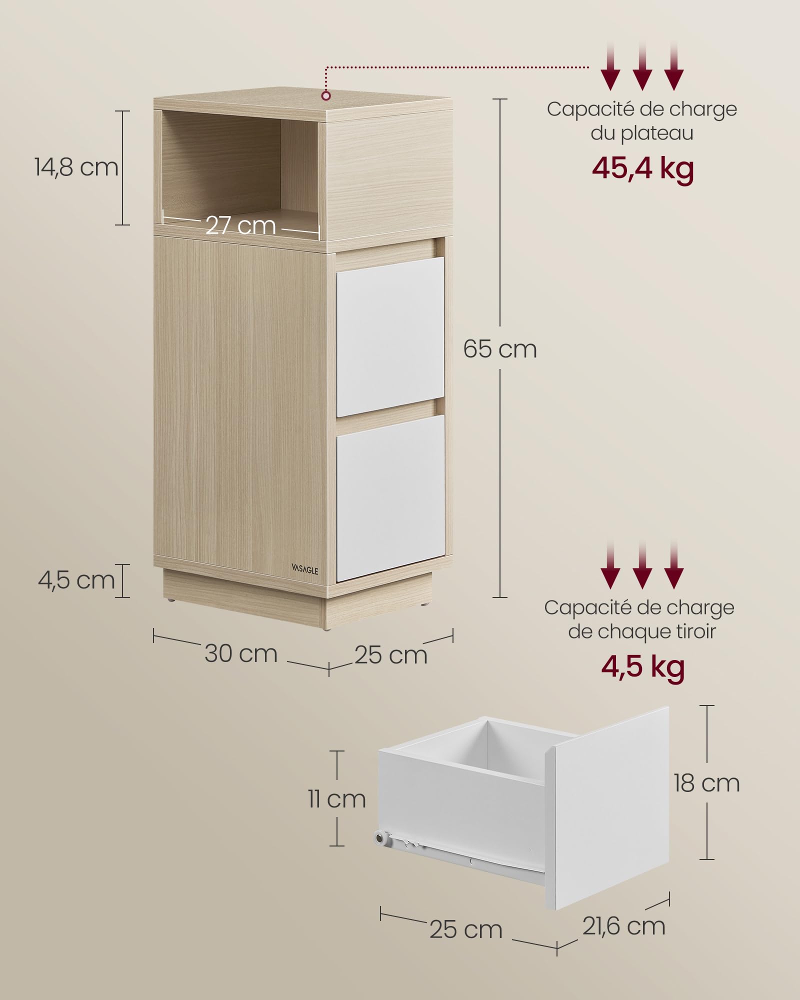 VASAGLE KAILYN Collection - Table de Chevet Étroite, Lot de 2, Table d’Appoint, 2 Tiroirs, Compartiment Ouvert, Montage à Gauche ou à Droite, Chambre, Moderne, Beige Naturel et Blanc Nuage LET856N01V1
