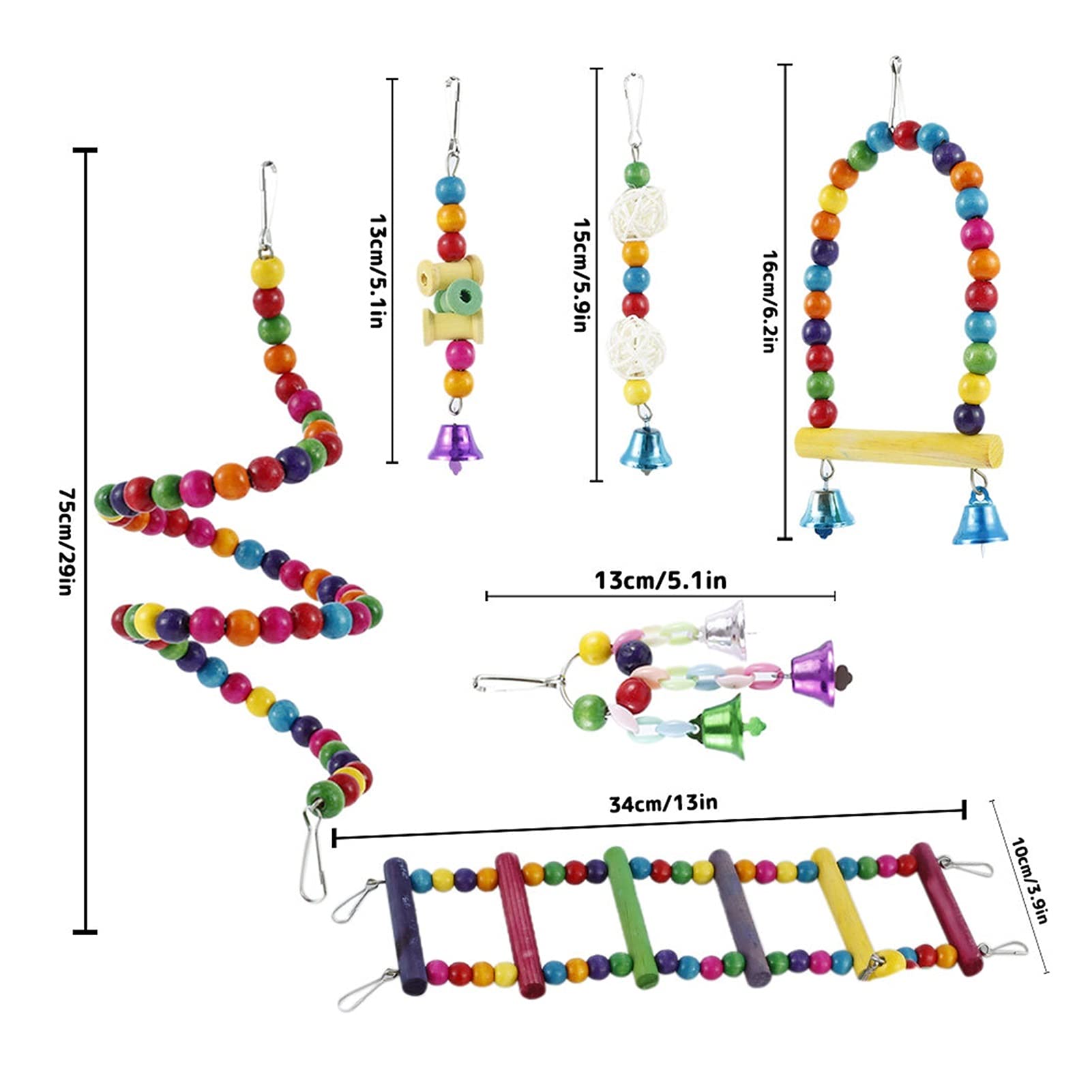 Vogelspielzeug 6 stücke Papageispielwaren Bunte Schwingkäfig Spielzeug Hölzern Hängende Vogel Swing Glocken Seilstring Kleine Schwingring Budgie Vogel Kaustätte Set