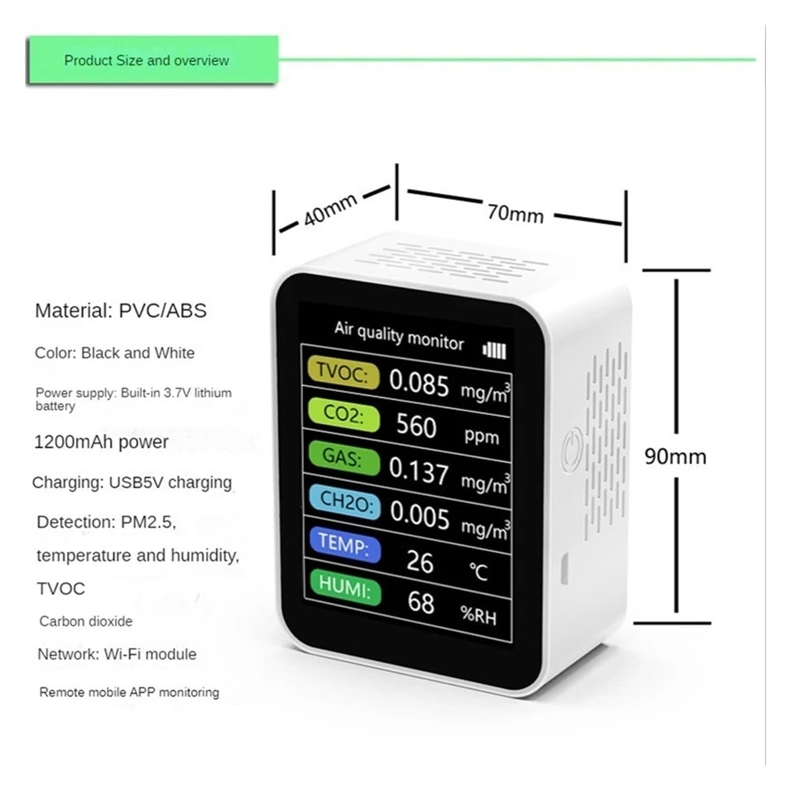 Sensore rilevatore di CO2 Smart Monitor a qualità 'aria TVOC Rilevatore misuratore umidità a temperatura del gas CH2O,Alta Precisione