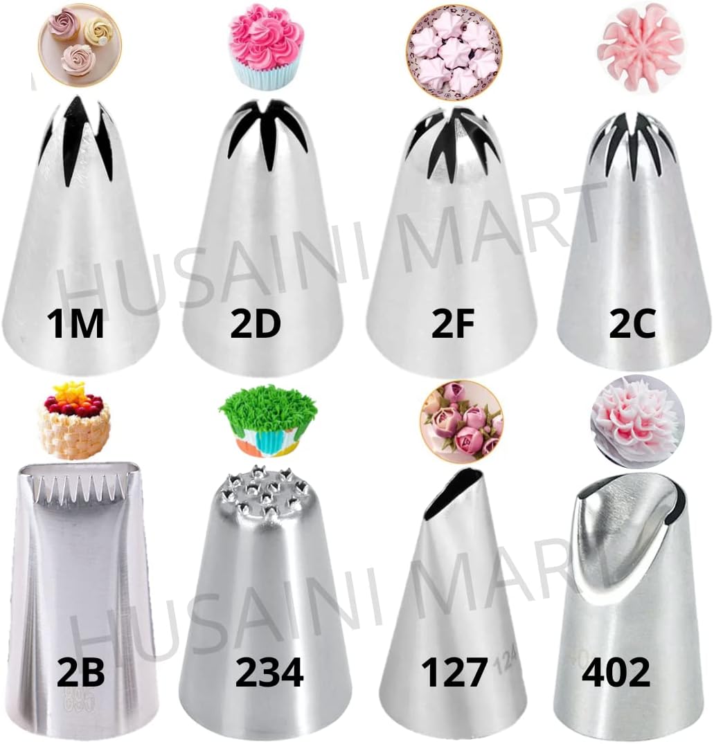 HUSAINI MART | 1M+2D+2F+2C+234+127+402+2B DIY Cream Rose Flower Piping Nozzles Stainless Steel Cupcake Pastry Tips Nozzle Bakery Cake Decoration Tool Set (Pack of-8)