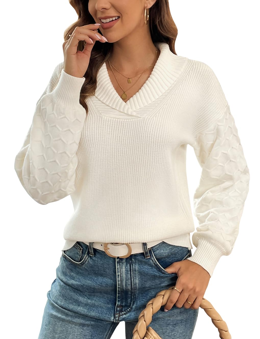 ZHENWEI Women's 2023 Fall Winter Long Sleeve V Neck Solid Color Casual Polo Collared Chunky Cable Knit Pullover Sweater Tops