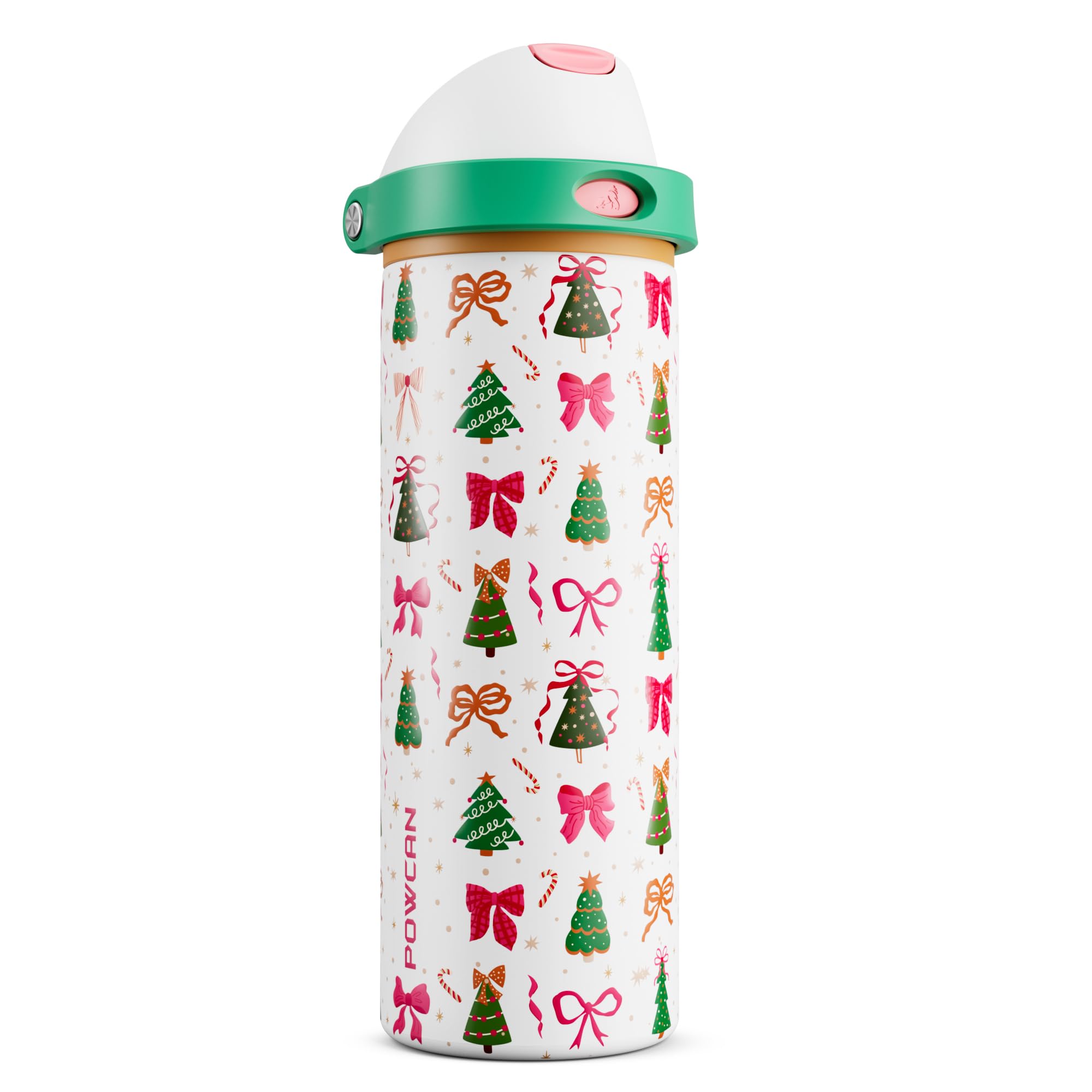 POWCAN 24 oz Christmas Stainless Steel Water Bottle: 2-in-1 Push-Button Spout &amp; Quick-Flip Straw, Leakproof, Fits in Car Cupholder, Insulated Water Bottle for Holiday Gift, Sports, Travel (Merry Bows)