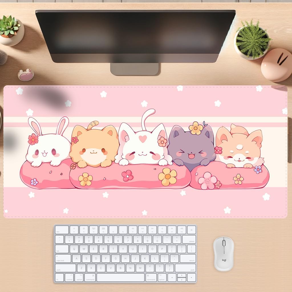 Kawaii Mouse Pad Cute Mouse Pad Pink and Green Anime Cute Desk Pad Laptop Keyboard Mouse Pad Desktop Pad Large 31.5 x 11.8 inch Stitched Edge Non Slip Rubber Base Office Girl Home Decor